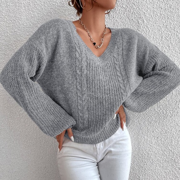 🌪 GREY CABLE KNIT V NECK LOOSE SWEATER! - Picture 7 of 12